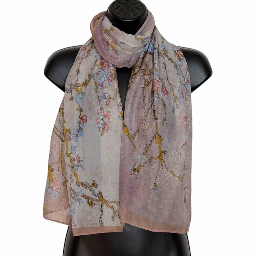 VTG Cherry Blossom Floral Sheer Scarf Wrap Shawl Pink Blue Cottagecore Whimsical